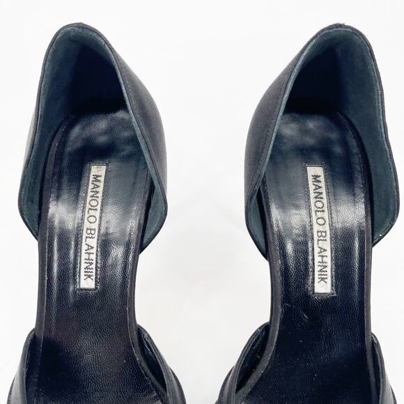 Manolo Blahnik Cassiado Black Satin Crystal Brooch D'Orsay Peep Toe Heels IT 36 - Picture 7 of 10